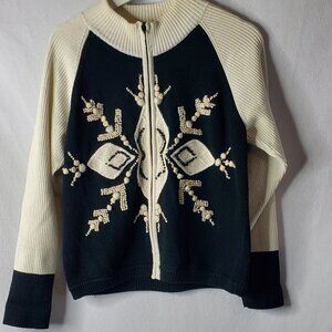 Marisa Christina zip up Sweater Women's Medium Snowflake Pattern Black White